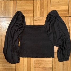 NWOT J. Crew squareneck smocked featherweight satin cropped top in black